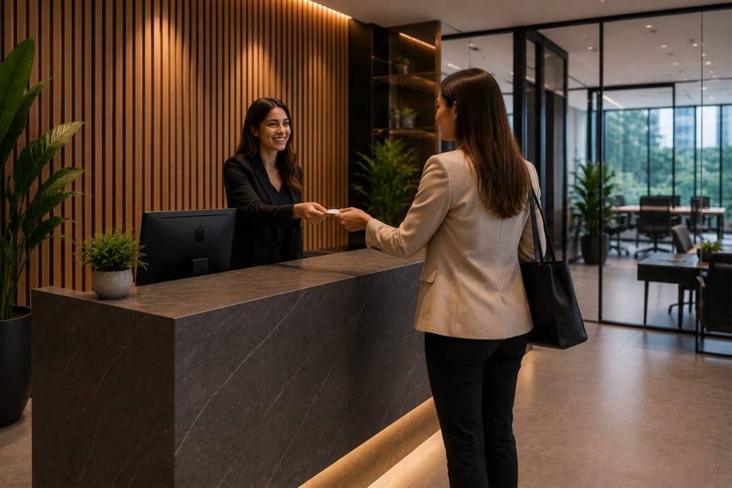 Modern ofis ortamında müşterilerini ağırlamaya hazır profesyonel çalışma alanını gösteren kurumsal iletişim görseli.