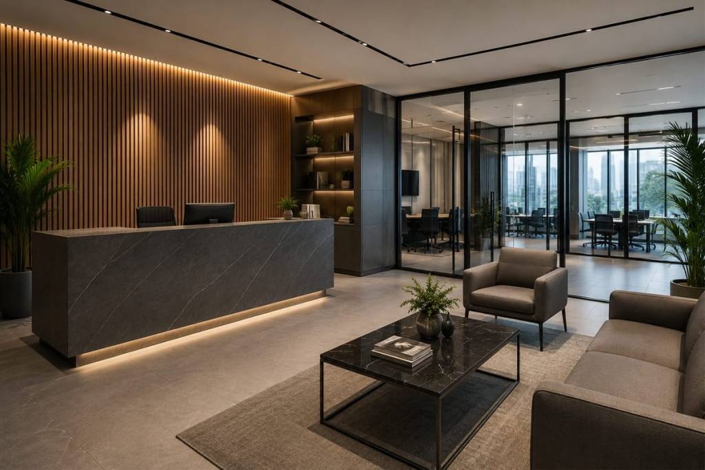 Modern ofis resepsiyon alanını ve Ofisini Yenile Mimarlık'ın tamamladığı kurumsal ofis projelerini temsil eden görsel.