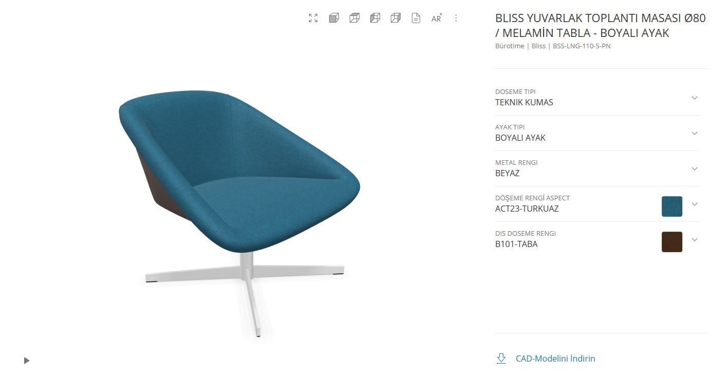 Bürotime Bliss koltuk 3D ürün yapılandırıcı ekranı